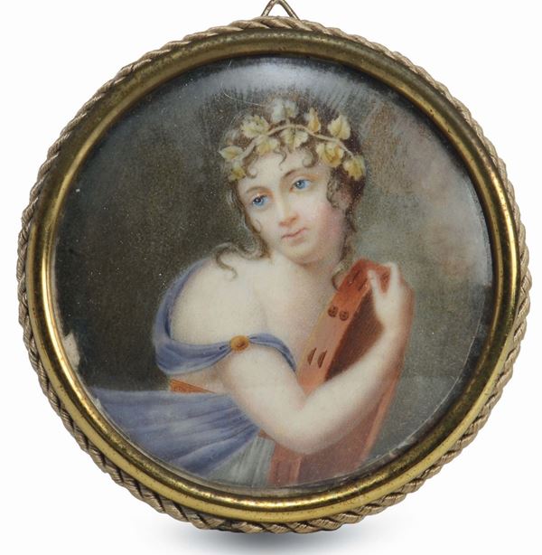 Due miniature tonde su avorio raffiguranti figure femminili, XIX secolo