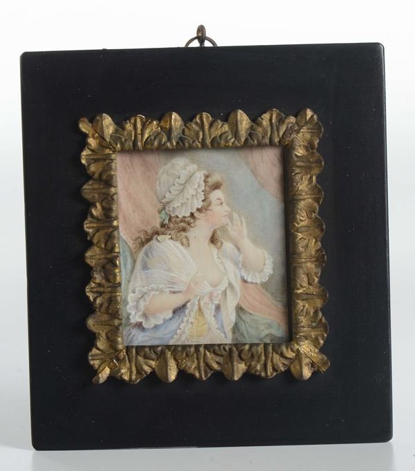 Coppia di miniature entro cornice raffiguranti dame con copricapo, XIX secolo