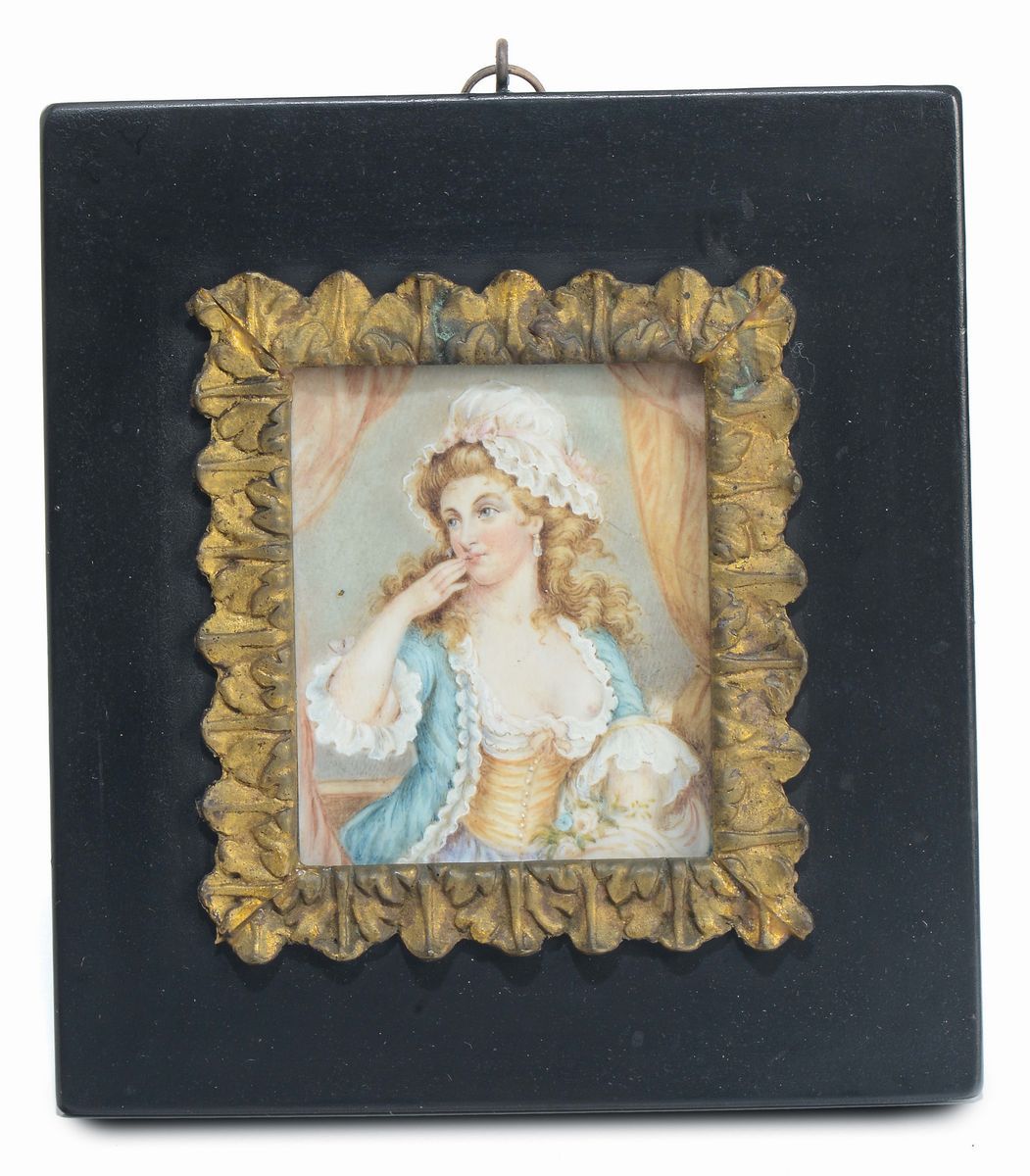 Coppia di Miniature Entro Cornice Raffiguranti Dame con Copricapo, XIX Secolo
