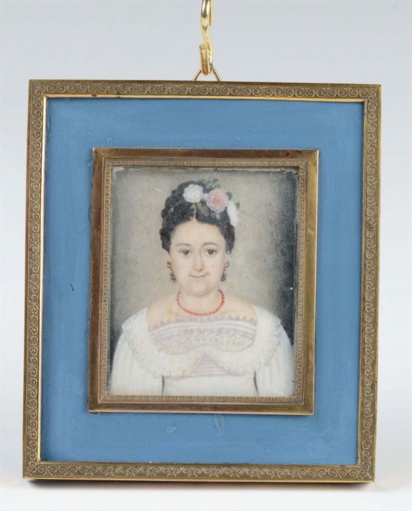 Miniatura su avorio raffigurante ritratto femminile, XIX secolo