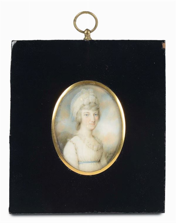 Miniatura su avorio raffigurante nobildonna, firmata e datata, XIX secolo