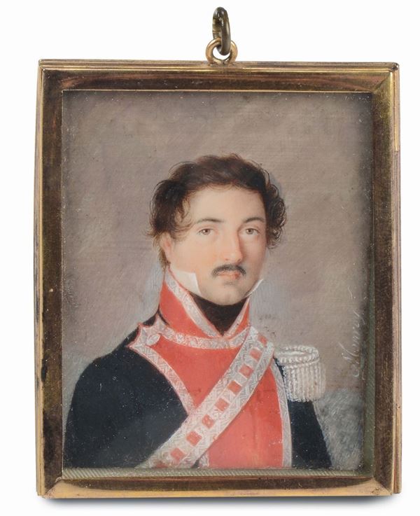Miniatura su avorio raffigurante ritratto di ufficiale, firmata Monroy, XIX secolo