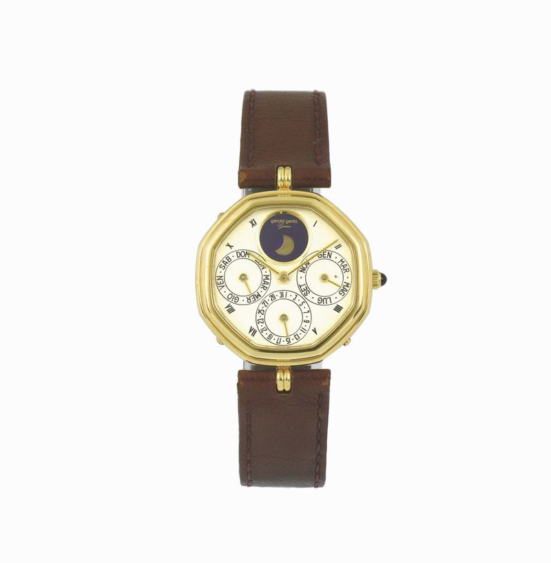 GERALD  GENTA, Genève, Ref. G.2213.4, 18K yellow gold, self-winding wristwatch with perpetual calendar, moon phases and an 18K yellow gold buckle. Made in the 1990's. Accompanied by the original box and Guarantee.  - Auction Watches and Pocket Watches - Cambi Casa d'Aste