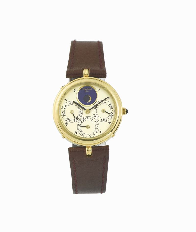 GERALD GENTA, Genève, Automatic, case No. 25847, Ref. G2233.4, astronomic, self-winding, 18K yellow gold wristwatch with perpetual calendar, moon phases and an 18K yellow gold Gérald Genta buckle. Made in the 1990's. Accompanied by the original box and Guarantee.  - Auction Watches and Pocket Watches - Cambi Casa d'Aste
