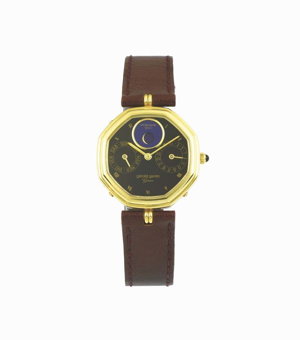 GERALD GENTA, Genève, “Automatic”, No. 9, case No. 26518, Ref. G 2747.4, octagonal, astronomic, self-winding, 18K yellow gold wristwatch with day and date, moon phases and an 18K yellow gold Gérald Genta buckle. Accompanied by the original fitted box.