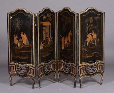 Paravento in Legno Laccato a Chinoiserie Nero e Oro, XIX Secolo
