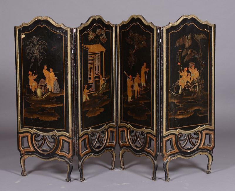 Paravento in legno laccato a chinoiserie nero e oro, XIX secolo  - Auction Fine Art - Cambi Casa d'Aste
