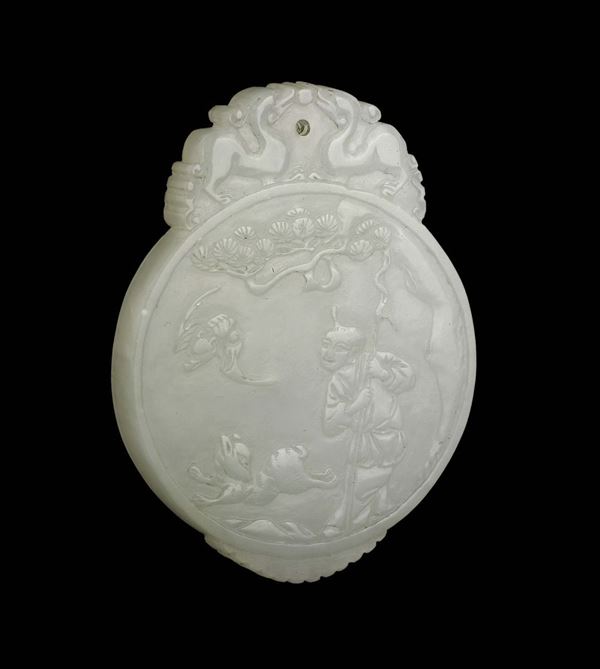 A white jade pendant with child, bat and inscription, China, Qing Dynasty, 19th century