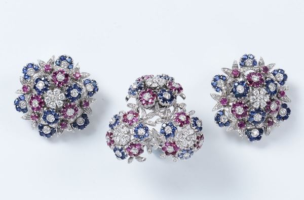 A sapphire, ruby and diamond en tremblant ring and earrings set