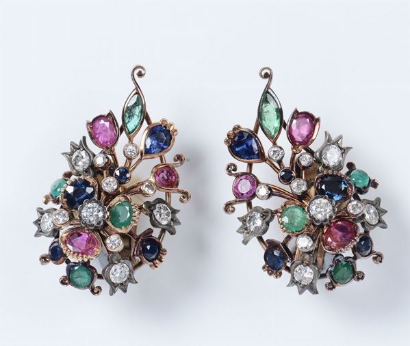 A pair of diamond, sapphire, ruby and emerald earrings