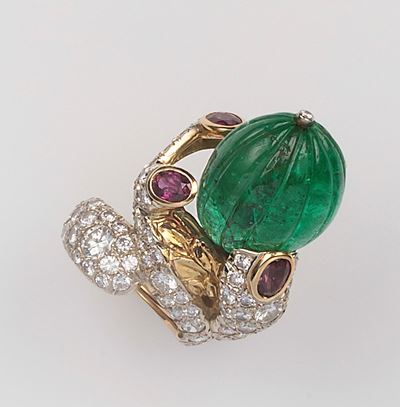 Anello con Smeraldo Colombia Taglio Cabochon Inciso, Diamanti e Rubini