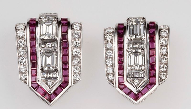 Pair of diamond and ruby clips  - Auction Fine Jewels - II - Cambi Casa d'Aste