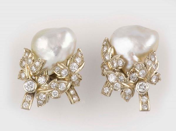A pair of diamond and cultured pearl