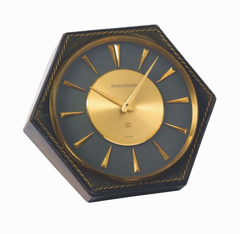 Jaeger LeCoultre for Hermes, exagonal gilt brass and leather hand wound table clock. Made in the 1960's.  - Auction Watches and Pocket Watches - Cambi Casa d'Aste