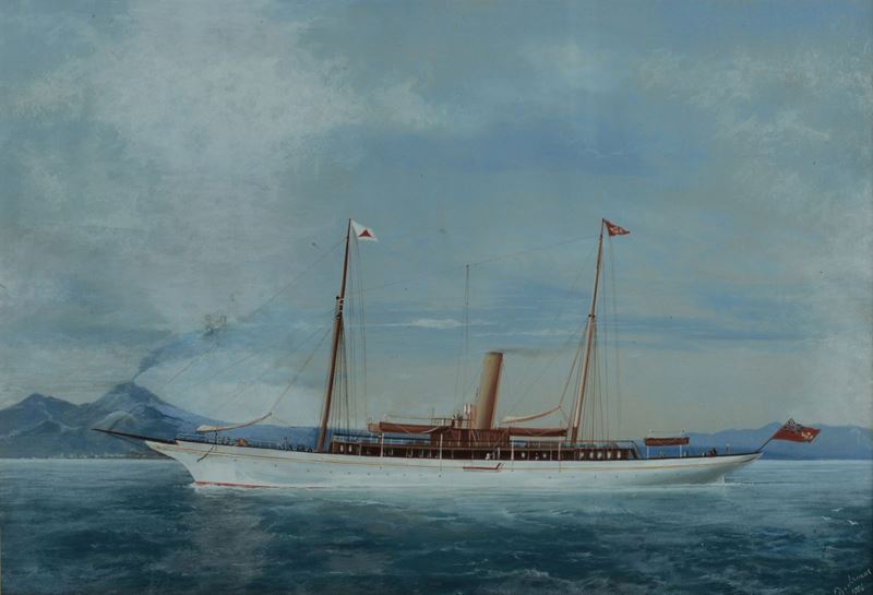 Antonio De Simone (1851-1907) Steam Yacht in navigazione nel golfo di Napoli, 1904  - Asta Arte Marinara e Strumenti Scientifici - II - Cambi Casa d'Aste