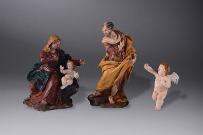 Sacra Famiglia in Terracotta e Gesso Policromo Composta da Madonna, San Giuseppe, Bambin Gesù e A...