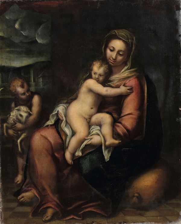 Pier Francesco Piola (Genova ? - 1600) Madonna con Bambino e S.Giovannino