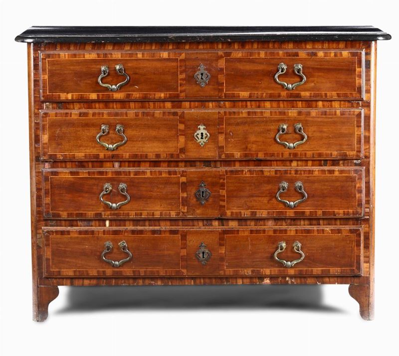 Comò a quattro cassetti lastronato, intarsiato e filettato, XIX secolo  - Auction Furniture | Cambi Time - Cambi Casa d'Aste