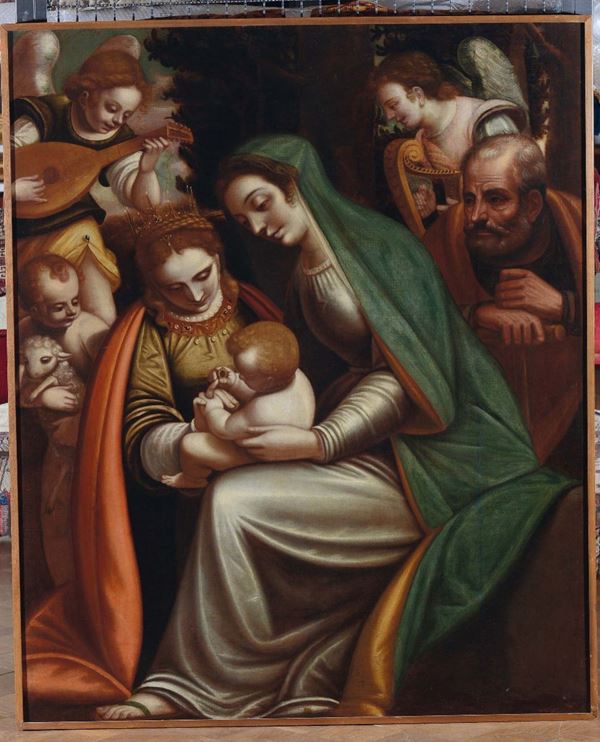 Luca Cambiaso (Moneglia 1527 - Madrid El Escorial 1585), bottega di Sacra Famiglia con Santa Caterina e angeli musicanti