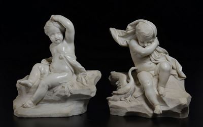 Coppia di Sculture in Marmo Bianco Raffiguranti Allegoria Dell'estate e Dell'inverno, Genova Seco...