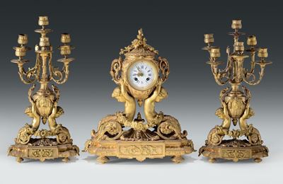 Trittico in Bronzo Dorato Napoleone III Composto da Orologio e Due Candelabri a Sei Fiamme, XIX S...
