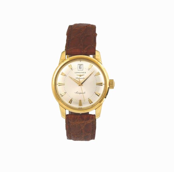 LONGINES, Conquest, Automatic, case No. 31411423, 18K yellow gold, self winding, water resistant,  wristwatch with date and a gold plated Longines buckle. Made in the 2000's.