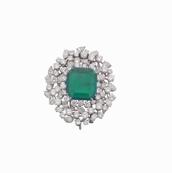 An impressive Colombian emerald, diamond and platinum brooch. Bulgari