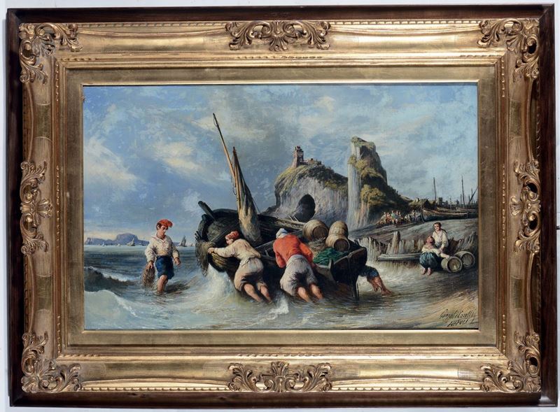 Consalvo Carelli (1818-1900) Pescatori in barca  - Asta Dipinti del XIX e XX secolo - Cambi Casa d'Aste