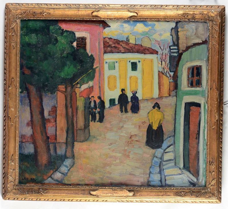 Adolfo Levier (1873-1953) Strada con figure  - Asta Dipinti del XIX e XX secolo - Cambi Casa d'Aste