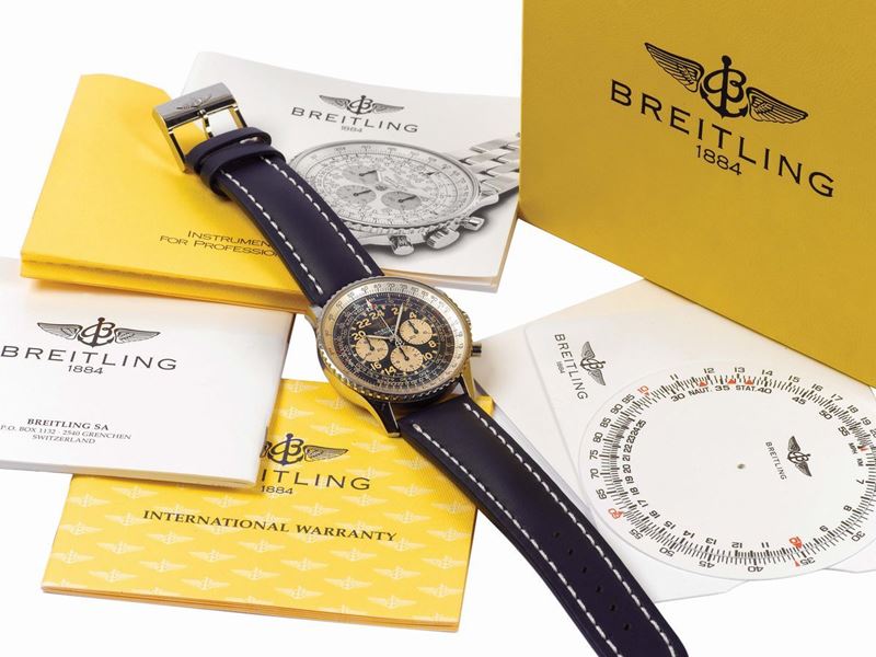 Breitling, Cosmonaute Serie Speciale Etanche, No. 1520, Ref. A 12023, water-resistant, stainless steel wristwatch with 24-hour dial, round button chronograph, registers, telemeter, slide-rule and a stainless steel Breitling buckle. Accompanied by a Breitling box, Guarantee and booklets. Sold in 1995.  - Auction Watches and Pocket Watches - Cambi Casa d'Aste