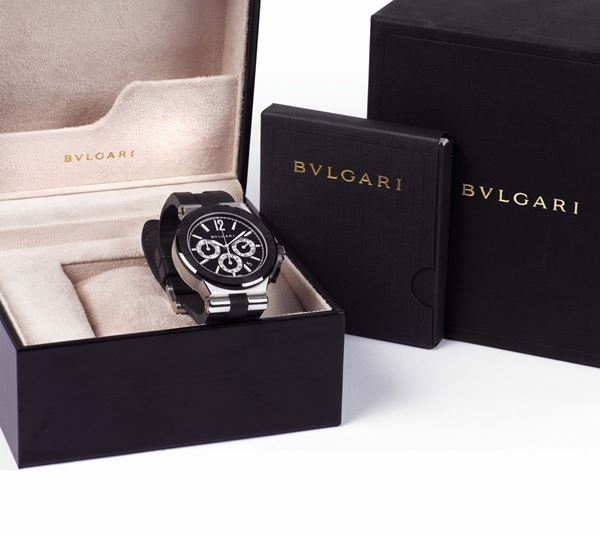 Bulgari, “Automatic, Diagono”, case No. DG42SC CH, Ref. MP 1182, self-winding, water-resistant, stainless steel wristwatch with rectangular button chronograph, registers, date, a stainless steel  and rubber Bulgari strap with original buckle. Sold in 2015. Accompanied by the original box, instruction booklet and Guarantee.