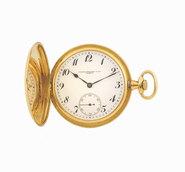 PATEK PHILIPPE, Geneve, case No. 282177, movement No. 184785, 18K yellow gold hunting cased keyless pocket watch. Made circa 1920