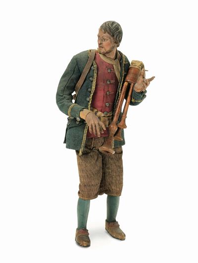 Cinque Figurine da Presepe in Terracotta e Legno con Abiti in Stoffa, Napoli XVIII-XIX Secolo