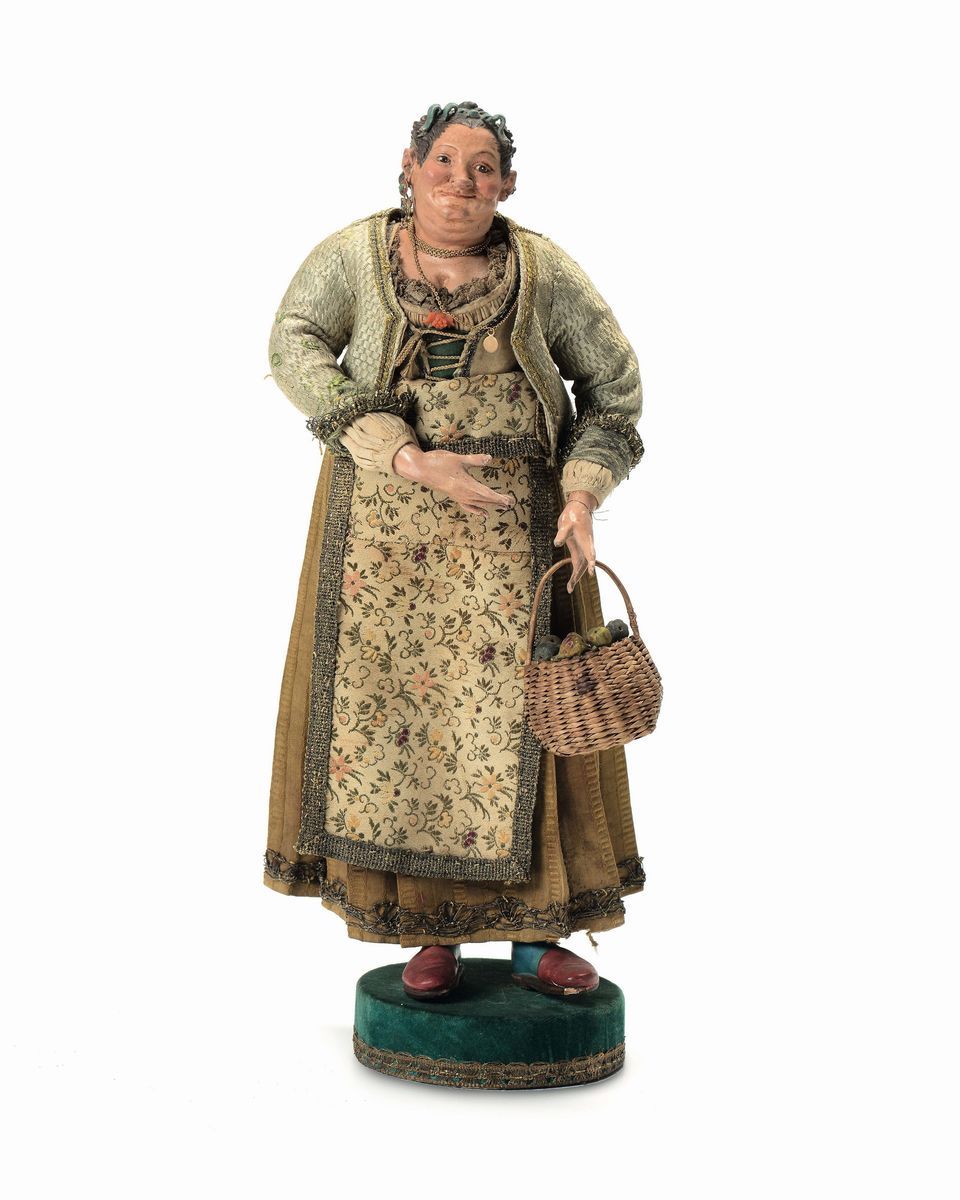 Cinque Figurine da Presepe in Terracotta e Legno con Abiti in Stoffa, Napoli XVIII-XIX Secolo