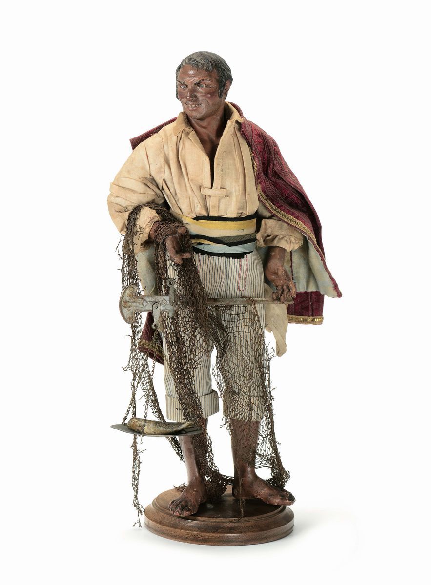 Cinque Figurine da Presepe in Terracotta e Legno con Abiti in Stoffa, Napoli XVIII-XIX Secolo