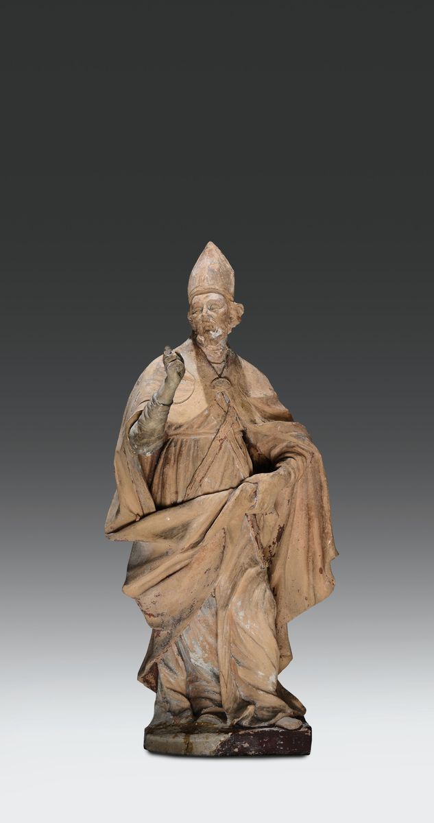 Scultura in Terracotta Raffigurante Santo Vescovo, Scultore Barocco Romano del XVII Secolo