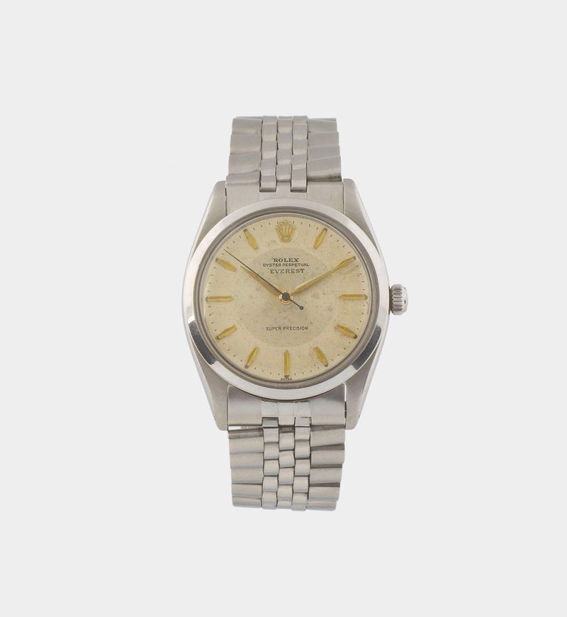 Rolex, “Oyster Perpetual Everest”, Super Precision,” case No. 281659. Ref. 5504, center seconds, self-winding, water-resistant, stainless steel wristwatch with a stainless steel Rolex Jubilee bracelet and deployant clasp. Made in 1958.  - Auction Watches and Pocket Watches - Cambi Casa d'Aste