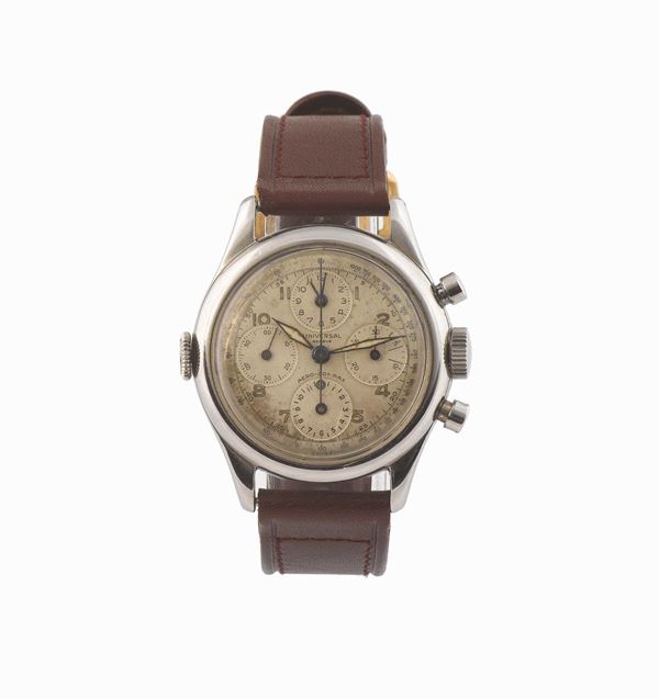 UNIVERSAL, Geneve, Aero-Compax, cassa No. 1072931, orologio da polso, cronografo,  in acciaio, con scala tachimetrica e indicazione fuso orario, due corone. Realizzato nel 1960.