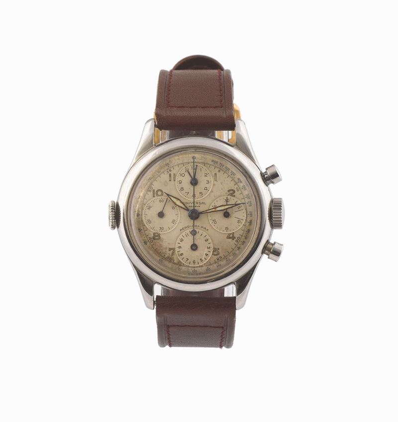 UNIVERSAL, Genève, Aero-Compax, case No. 1072931, stainless steel chronograph wristwatch with round button chronograph, registers, tachometer, two time zone and two crowns. Made in the 1960's.  - Auction Watches and Pocket Watches - Cambi Casa d'Aste