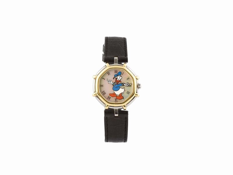 GERALD GENTA, Walt Disney – Paperino, Ref. G.2850.7, octagonal, water resistant, stainless steel and gold lady's quartz wristwatch. Made in the 1990' s.  - Auction Watches and Pocket Watches - Cambi Casa d'Aste