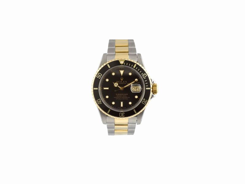 ROLEX, “Oyster Perpetual Date, Submariner,1000 ft /330 m, Superlative Chronometer Officially Certified, case No. N206567, Ref. 16613, center seconds, self-winding, water-resistant, stainless steel and 18K yellow gold wristwatch with date and a stainless steel and 18K yellow gold Fliplock Oyster Rolex bracelet and deployant clasp. Made in 1992.  - Auction Watches and Pocket Watches - Cambi Casa d'Aste
