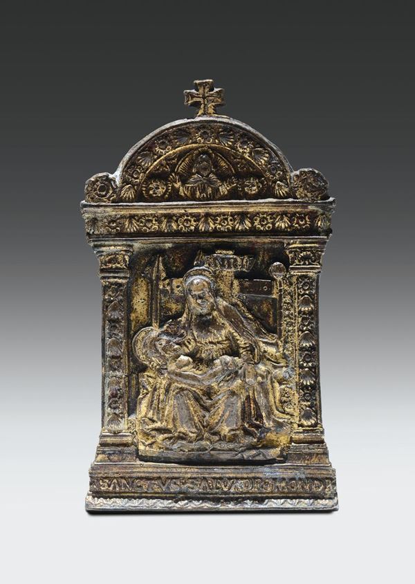 Pace in bronzo fuso, cesellato e con tracce di doratura raffigurante Pietà, scuola padovana del XV secolo