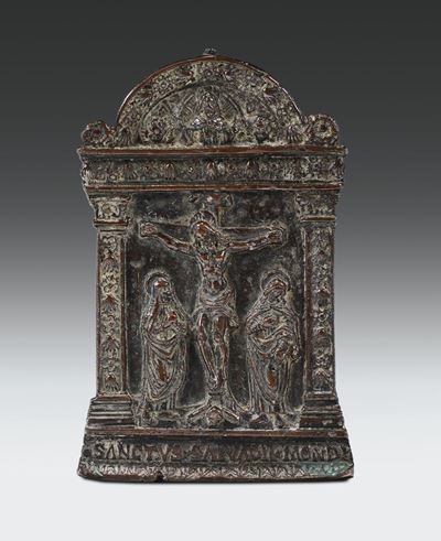 Pace in Bronzo Fuso e Cesellato Raffigurante Crocefissione, Italia del Nord XV-XVI Secolo