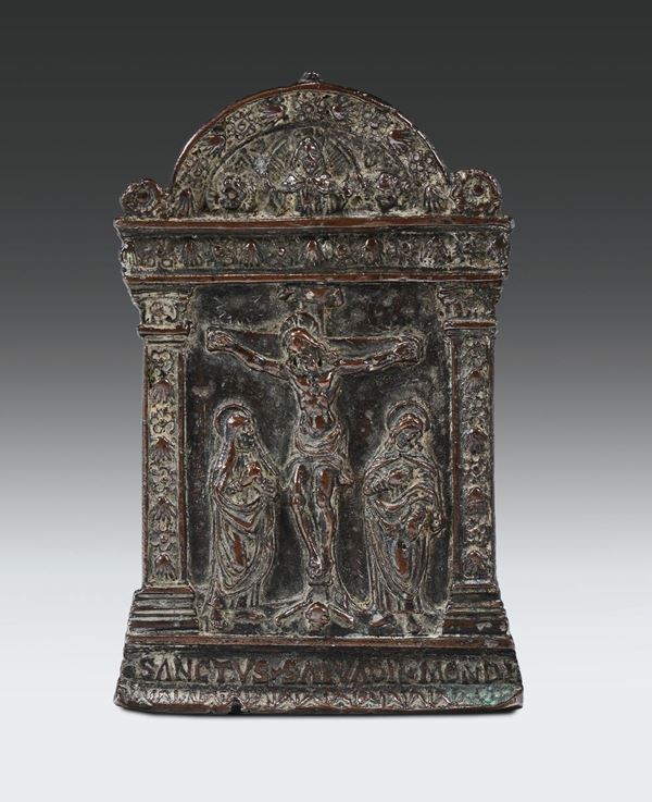 Pace in bronzo fuso e cesellato raffigurante Crocefissione, Italia del nord XV-XVI secolo