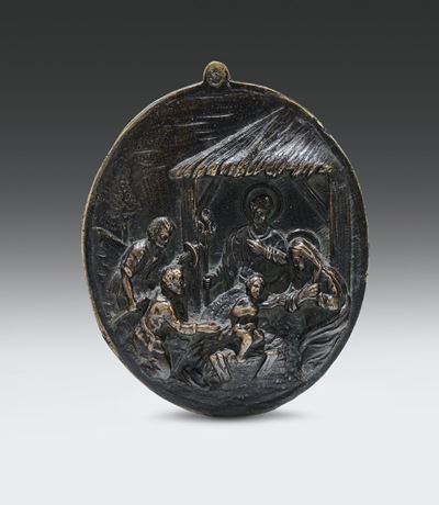 Placchetta Ovale in Bronzo Fuso e Cesellato Raffigurante Natività, Fonditore Italiano, Fine del X...