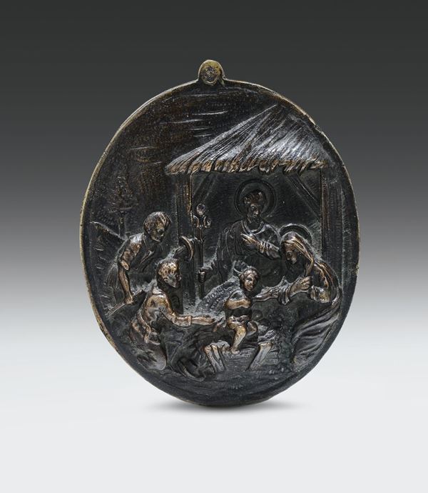 Placchetta ovale in bronzo fuso e cesellato raffigurante Natività, fonditore italiano, fine del XVI secolo