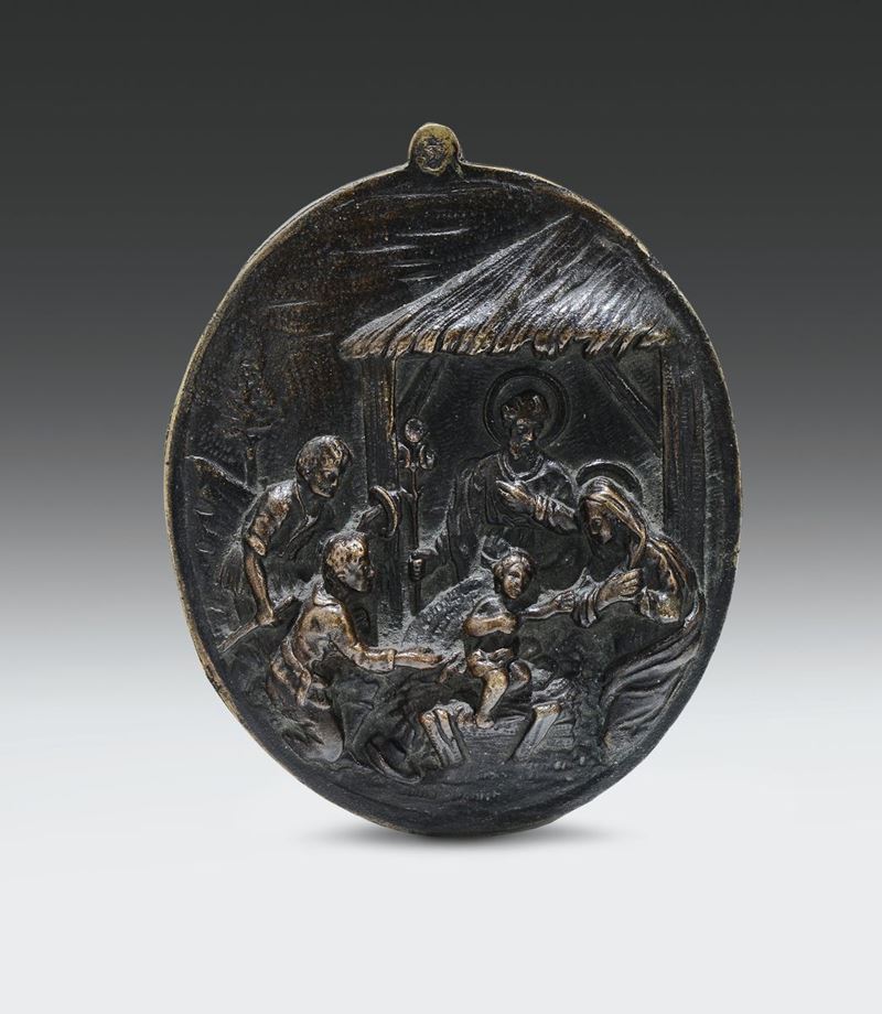 Placchetta ovale in bronzo fuso e cesellato raffigurante Natività, fonditore italiano, fine del XVI secolo  - Asta Scultura e Oggetti d'Arte - Cambi Casa d'Aste