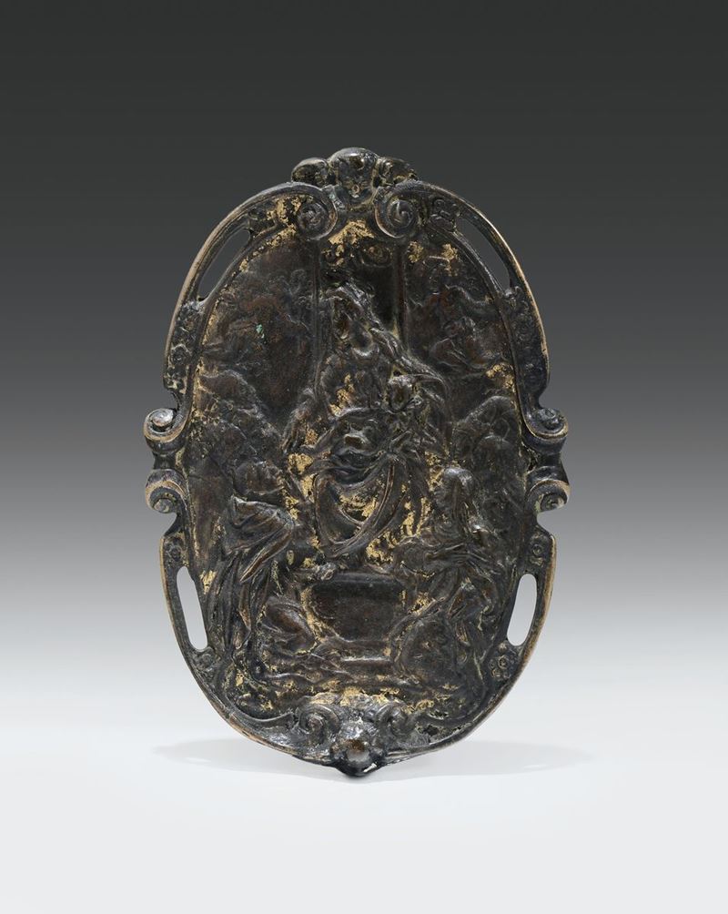 Placca ovale in bronzo fuso, cesellato e dorato, Venezia 1600 circa  - Asta Scultura e Oggetti d'Arte - Cambi Casa d'Aste