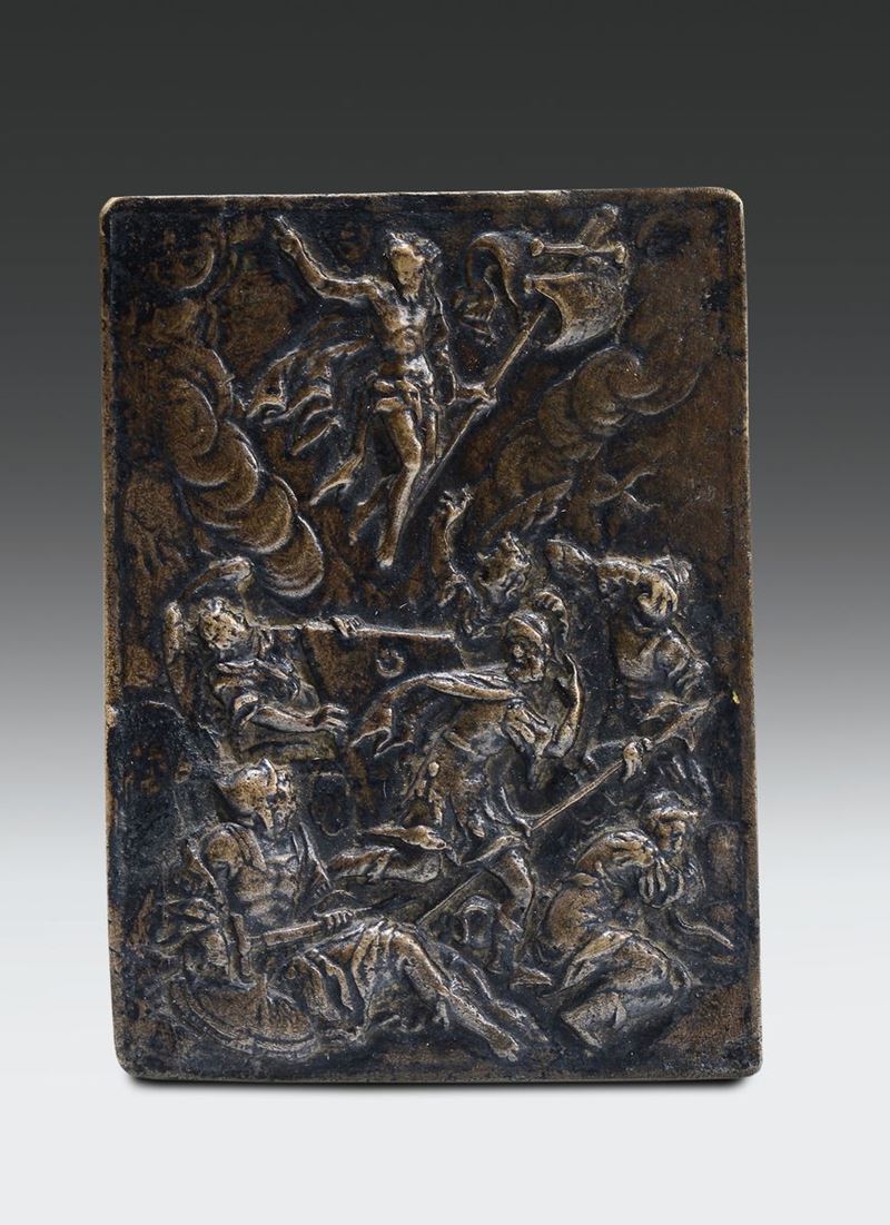 Placchetta rettangolare in bronzo fuso e cesellato raffigurante Resurrezione, Francia (?) XVI secolo  - Asta Scultura e Oggetti d'Arte - Cambi Casa d'Aste