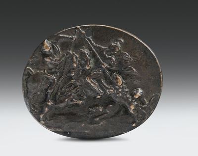 Due Placchette in Bronzo Fuso e Cesellato a Patina Scura, una Ovale con Scena di Caccia al Leone ...